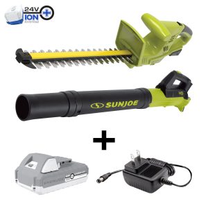 Sun Joe Garden Combo Kit w/ 24V* 2.0-Ah Batteries + Charger | Hedge Trimmer | Turbine Blower