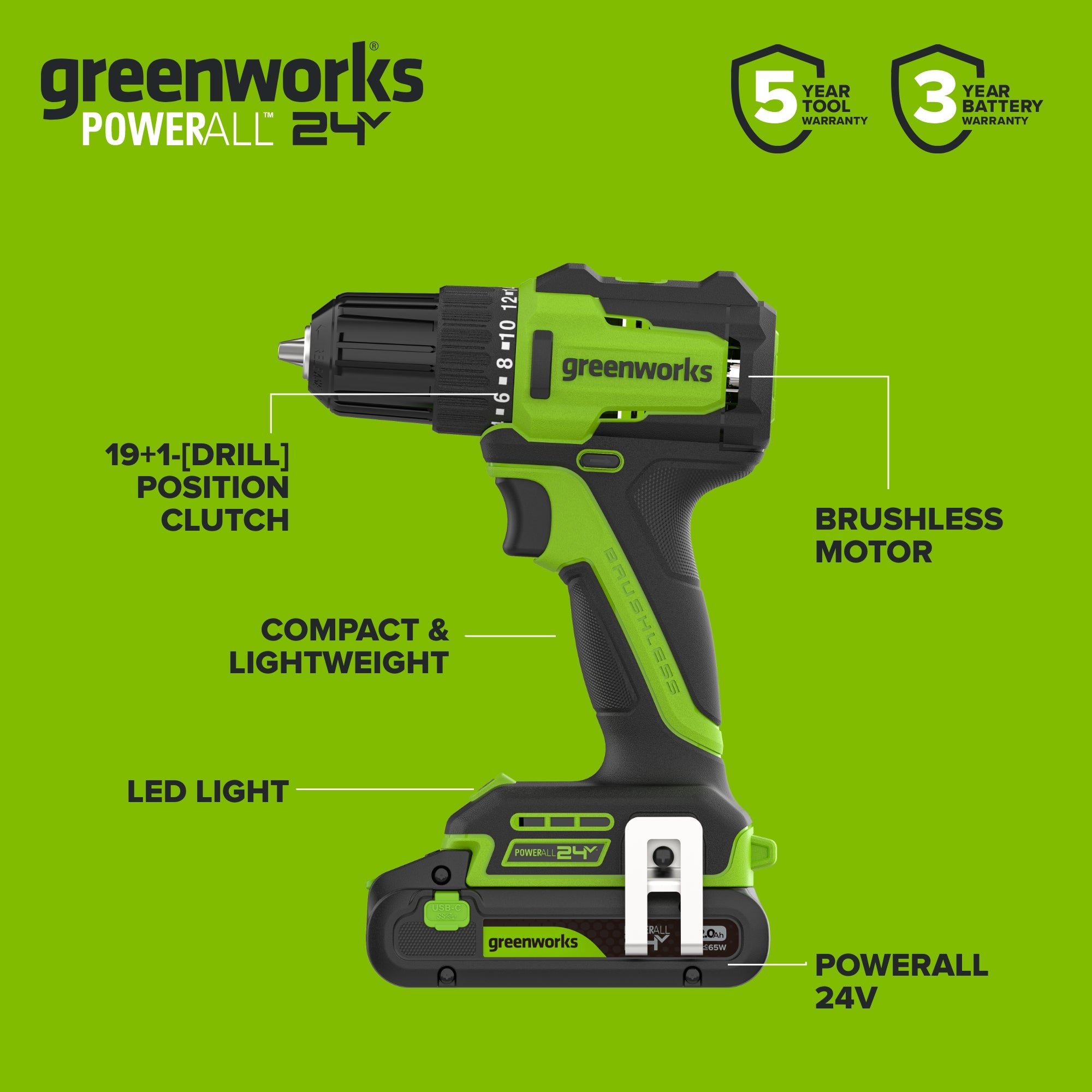 24V Cordless 280 in-lbs Drill/Driver 4PC Power Tool Combo Kit: (2) 2.0 Ah USB-C Batteries, (1) 30W USB-C Charger, (1) 3' 100W USB-C Cable and 34-Piece Accessory Sets - Image 4