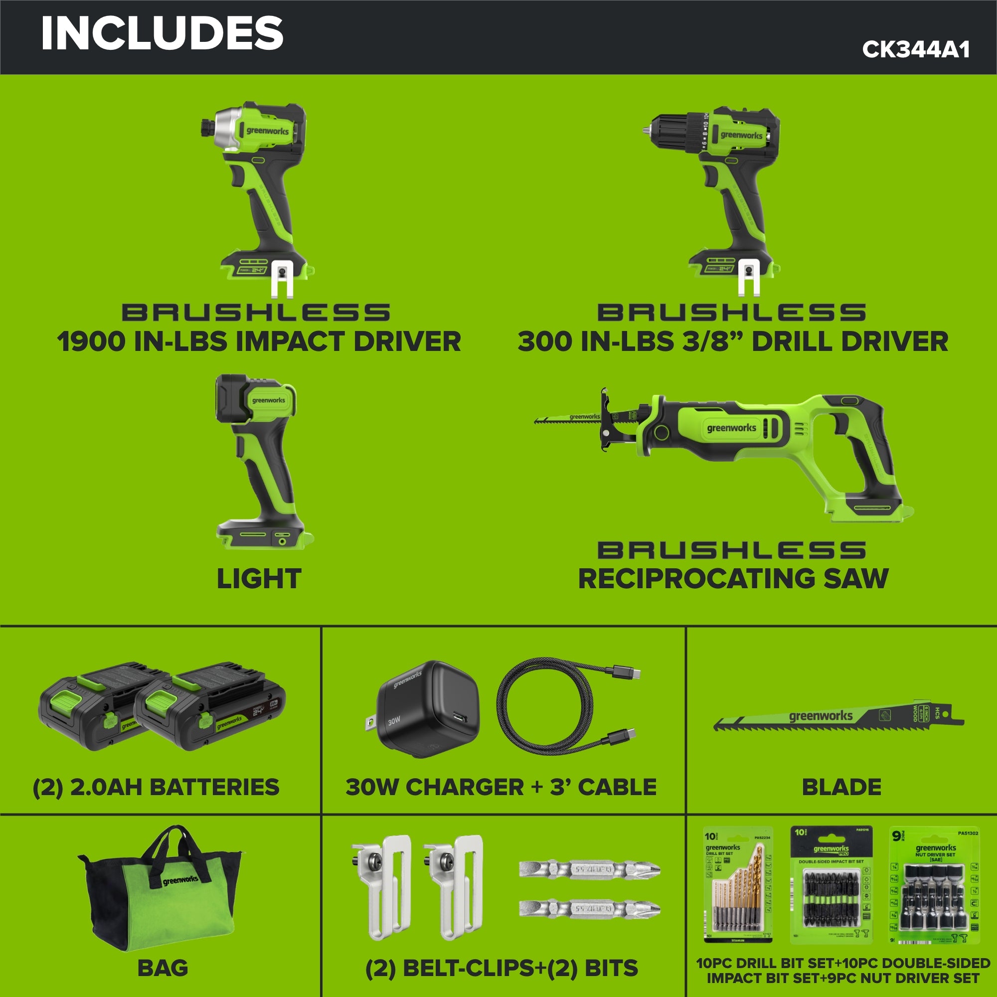 24V Cordless 280 in-lbs Drill/Driver 4PC Power Tool Combo Kit: (2) 2.0 Ah USB-C Batteries, (1) 30W USB-C Charger, (1) 3' 100W USB-C Cable and 34-Piece Accessory Sets - Image 2