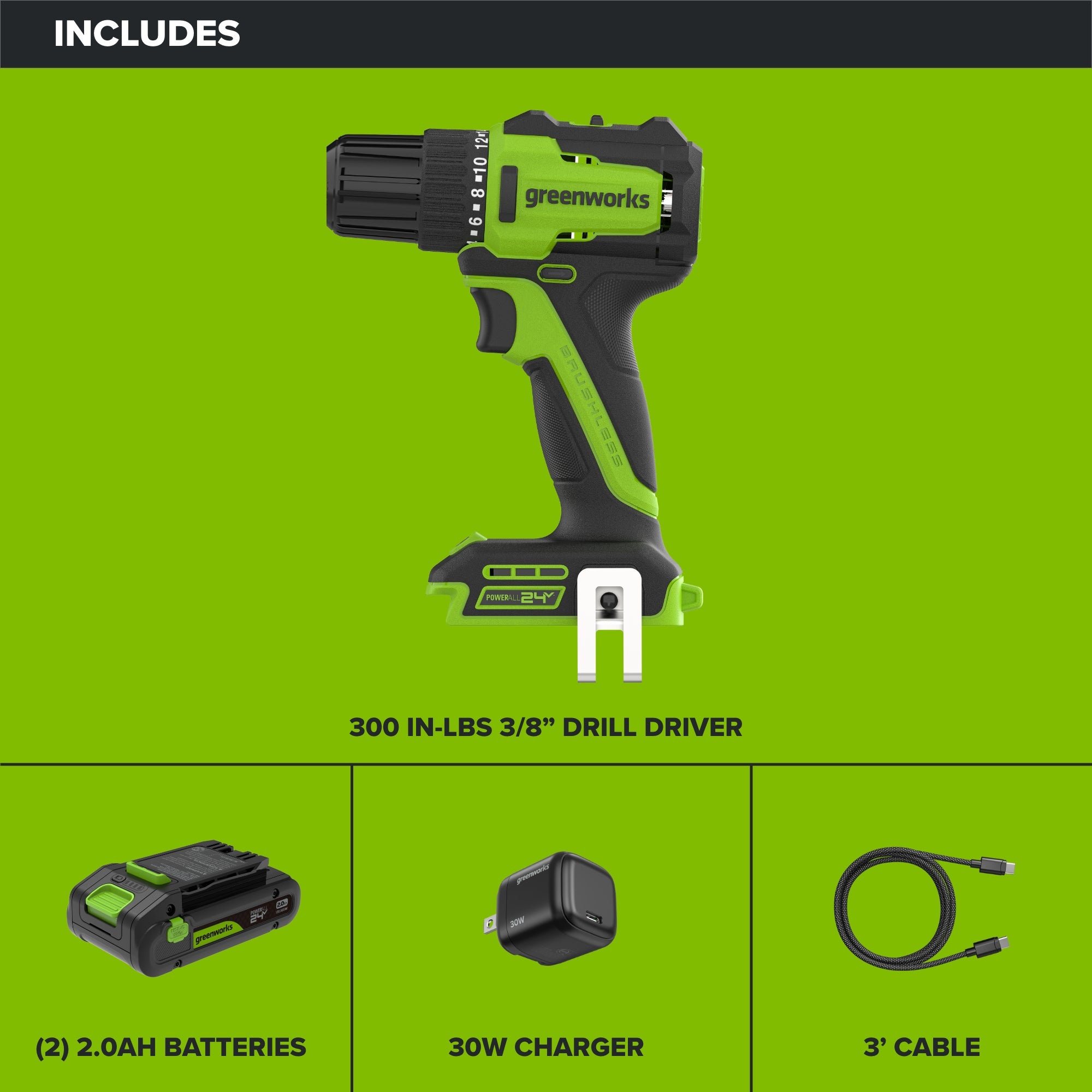 24V Cordless 280 in-lbs Drill/Driver Power Tool 3PC Combo Kit w/ 6-1/2" Circular Saw & Oscillating Multi-Tool: (1) 2.0Ah USB-C Battery, (1) 30W USB-C Charger, (1) 3' 100W USB-C Cable - Image 2