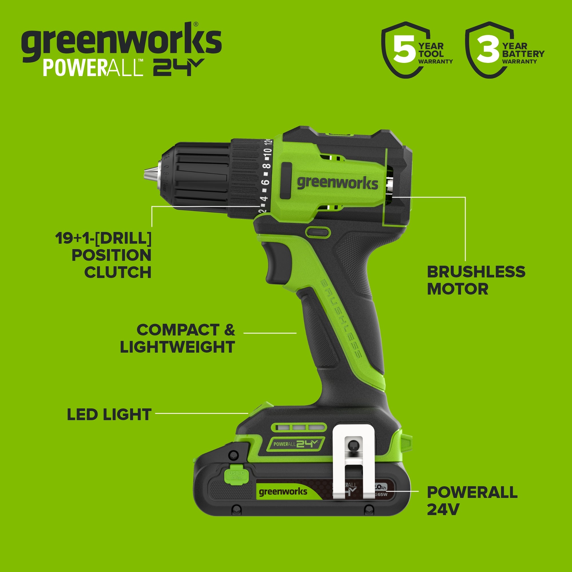 24V PowerAll 3/8" 280 in-lb Drill, with 2.0 Ah USB-C Battery, 30W USB-C Charger Block, 3' 100W USB-C Cable, 10-PC Drill Bit Set - Image 2