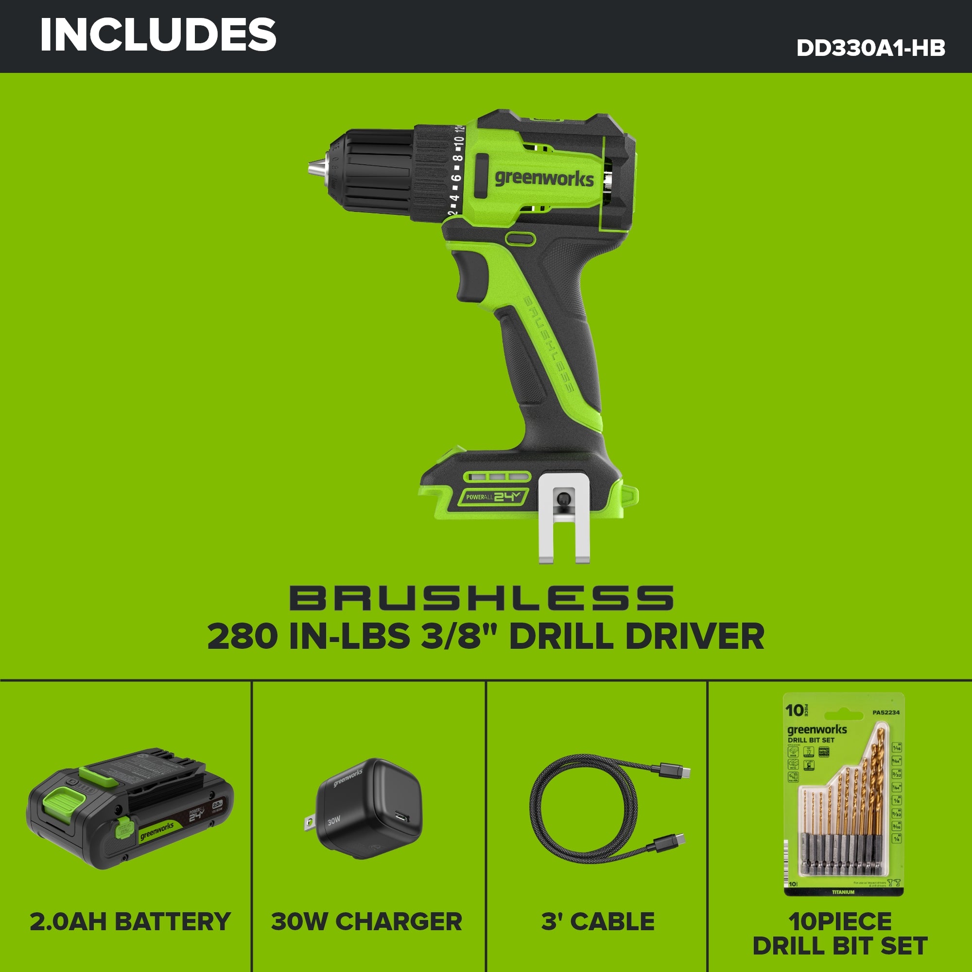 24V PowerAll 3/8" 280 in-lb Drill, with 2.0 Ah USB-C Battery, 30W USB-C Charger Block, 3' 100W USB-C Cable, 10-PC Drill Bit Set - Image 3