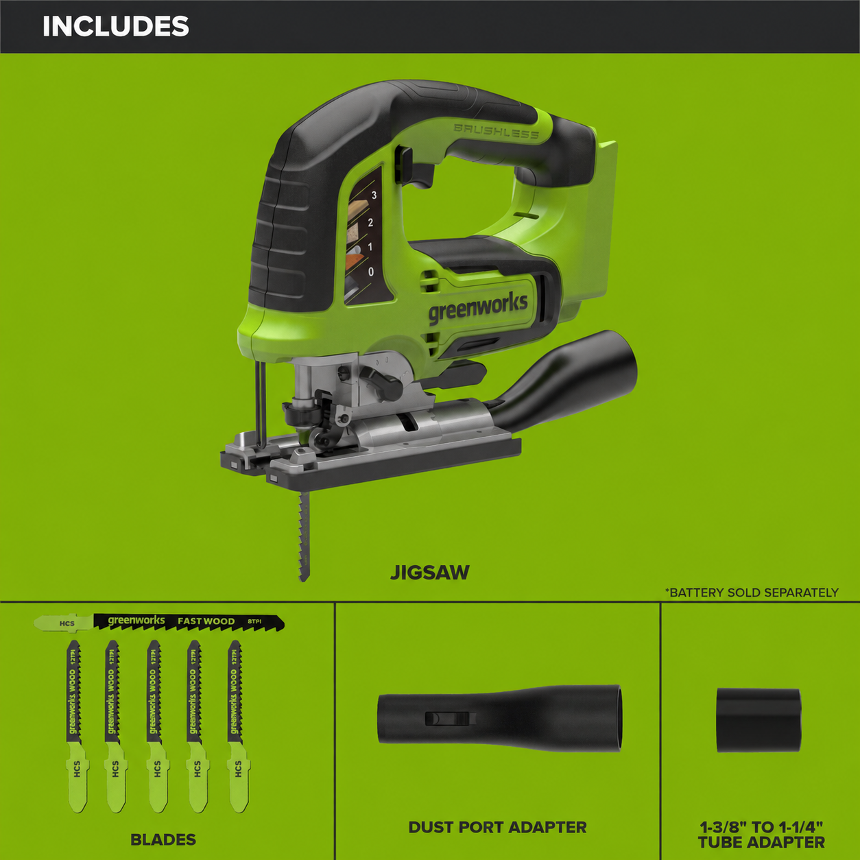 24V PowerAll Jigsaw w/ 6PC Blades, Dust Port Adapter, and Tube Adapter (Tool Only) - Image 4