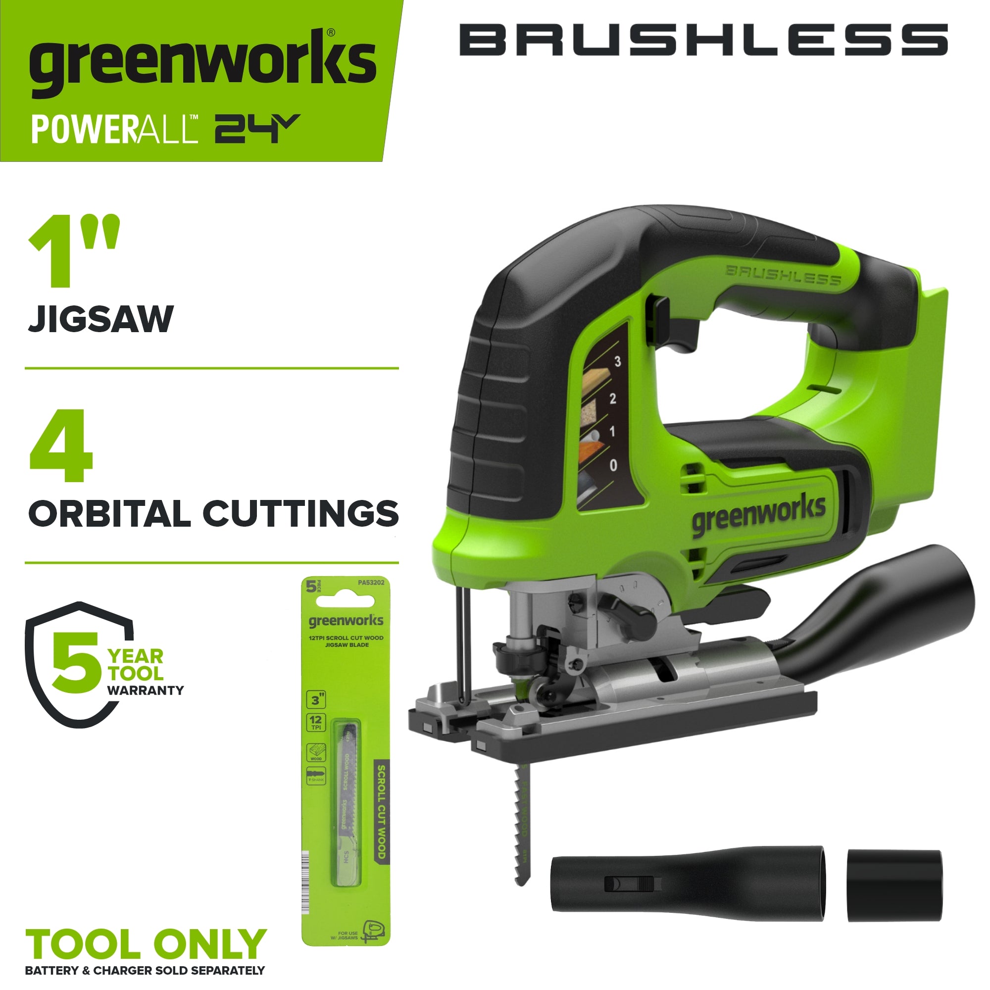 24V PowerAll Jigsaw w/ 6PC Blades, Dust Port Adapter, and Tube Adapter (Tool Only) - Image 2