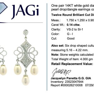 Cultured Pearl with Diamonds Chandelier Dangle Earrings 14k White Gold